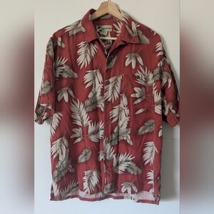 Cafe Havana Silk Button Down Shirt Red Tropical Print Medium